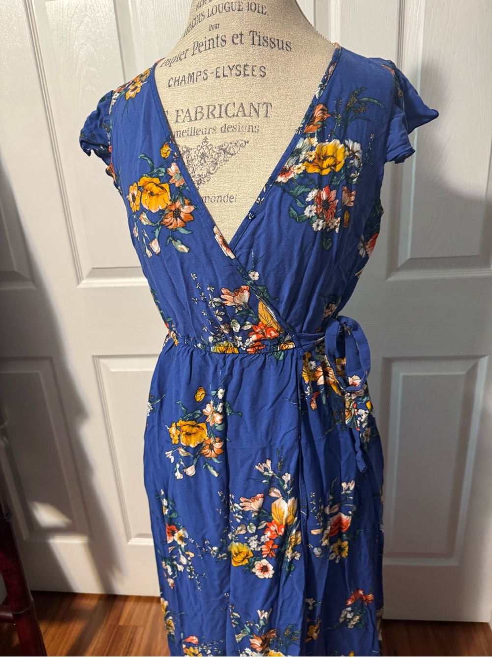 Medium Blue Floral Wrap Maxi Dress with Pockets